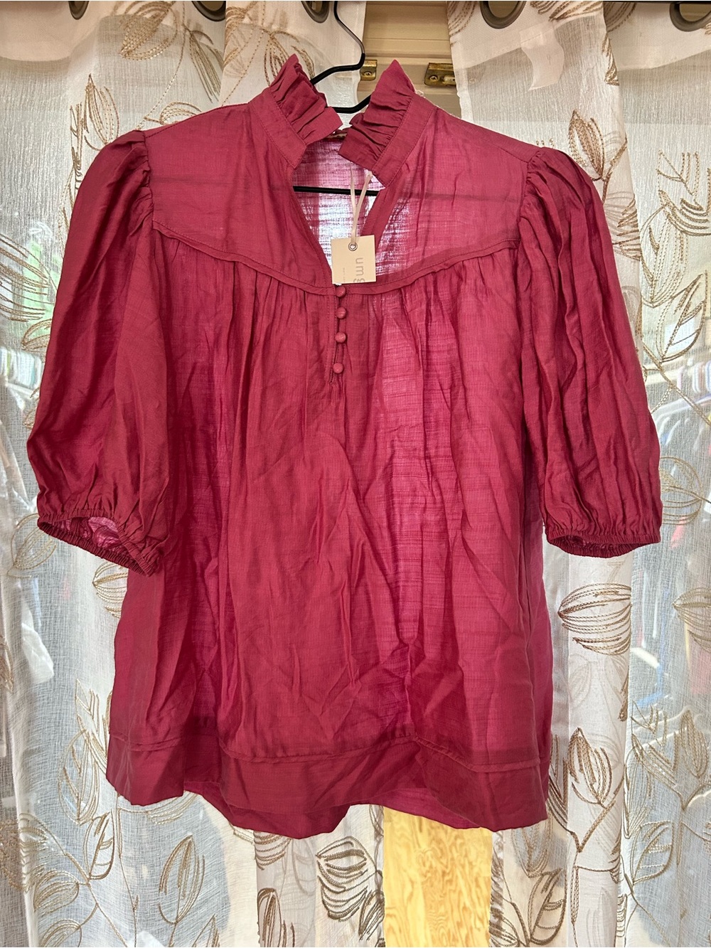 Umgee pink Puff-Sleeve Ruffled-Yoke Blouse